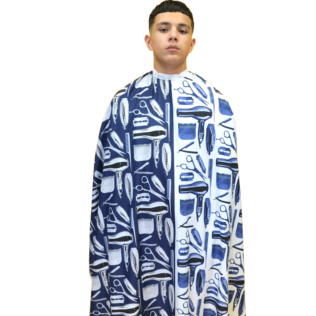 A person wearing a blue and white barber cape with a geometric pattern.