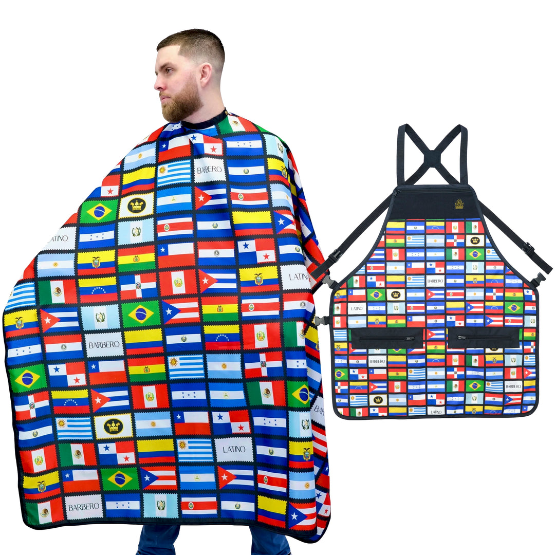 barbero latino apron and cape set- latino flags barber capes -barber cape and apron combo- barber cape-- latino barber cape