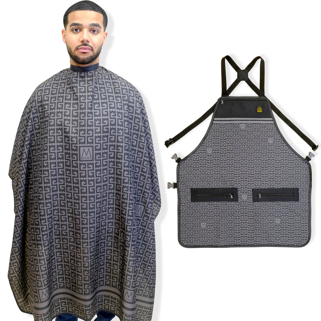 barber apron and cape set- barber cape and apron combo- barber cape-- barber apron for men- barber apron designer- black barber apron-barber apron for sale - mens barber apron-apron for barbers -barber aprons -hair stylist aprons- best barber apron- hair cutting apron - the barber apron- king midas barber apron