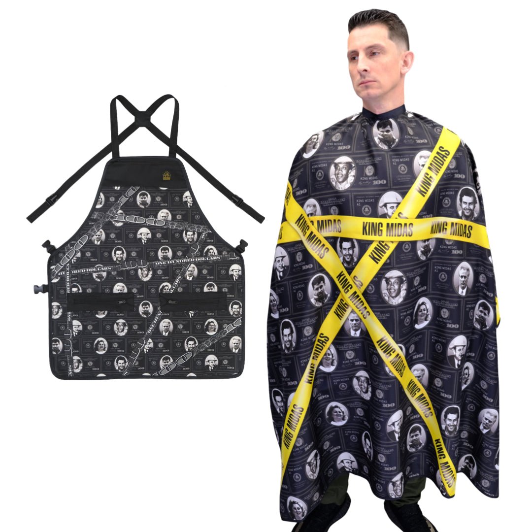 A barber apron and cape set with a black design featuring rectangular shapes and text patterns. The cape is worn by a person demonstrating its use.