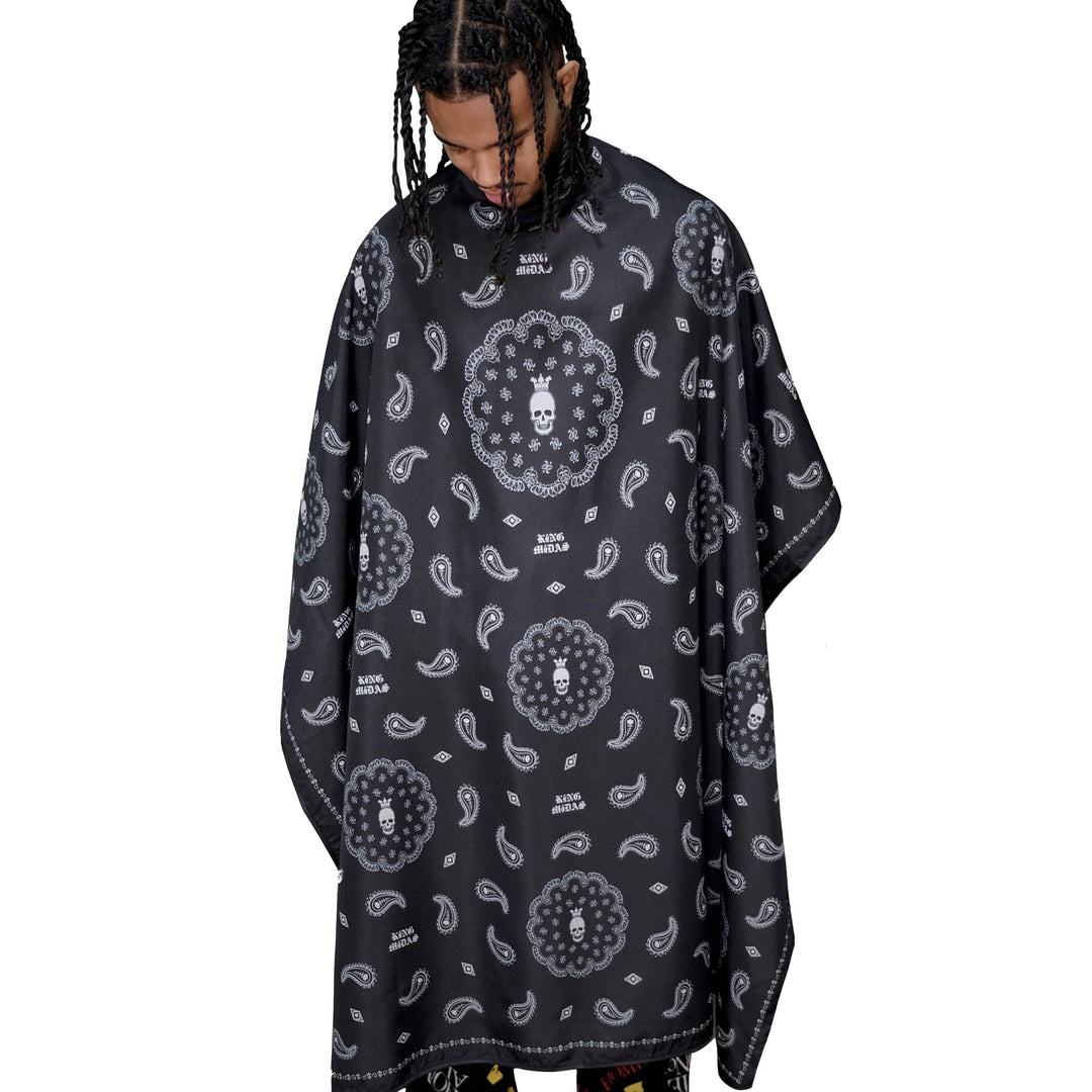 bandana barber cape- bandana cape-  hair stylist capes- styling cape - salon capes -barber capes -hair cutting cape- hair cutting capes for men- barber cape for men - King Midas cape- barbershop cape -professional barber cape with snap buttons- hair styling cape -Styling cape- snap button capes- best barber capes-  barber capes with designs-