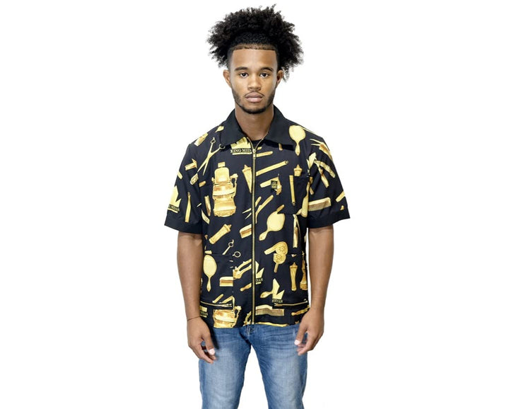 King Midas Barber Jacket Vintage Barber Smock (2X, Black, Gold)