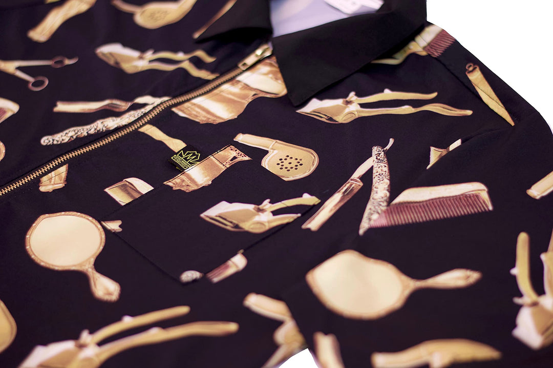 King Midas Barber Jacket Vintage Barber Smock (2X, Black, Gold)