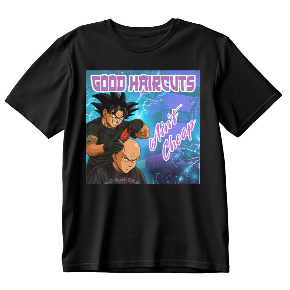 Anime barber t-shirt with graphic design featuring two characters and text on a white background. Goku barber t shirt- barber t shirt