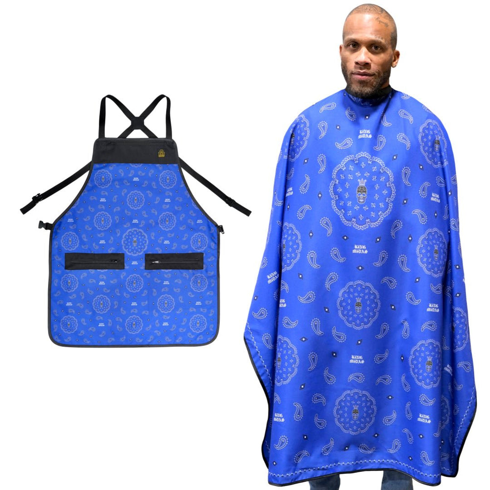 Blue bandana barber cape and barber apron matching set.