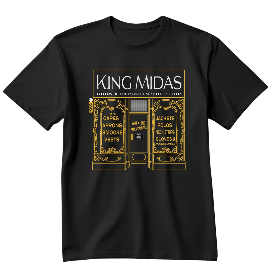 Black barber t-shirt with gold graphic and text on a white background