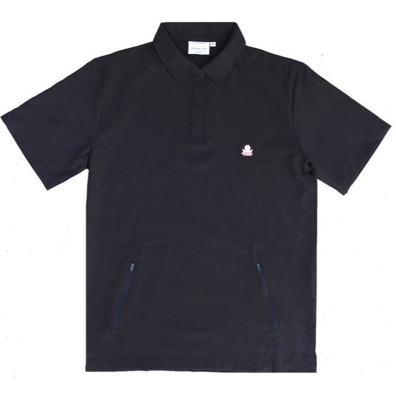 Black barber polo shirt with a small white logo on a white background
-barber polo - barber shirt - barber work shirt-