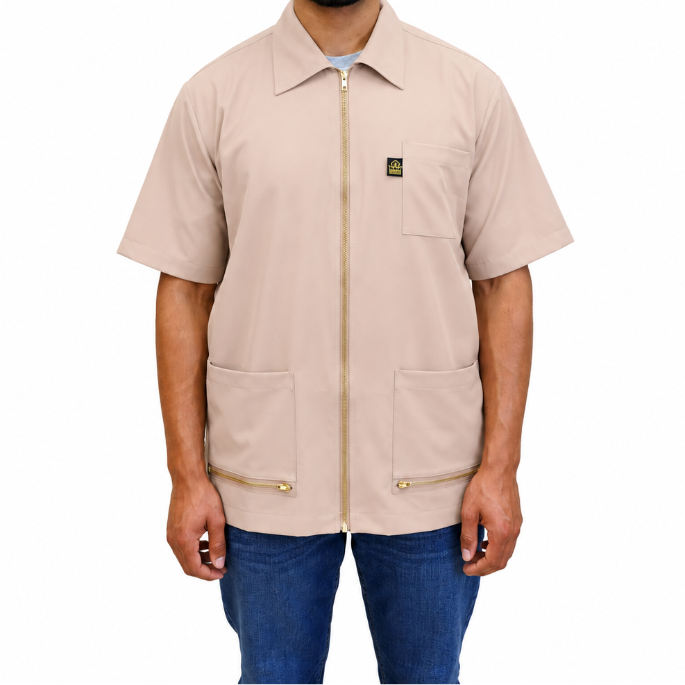 Tan King Midas barber jacket and hair-resistant barber smock. #color_tan