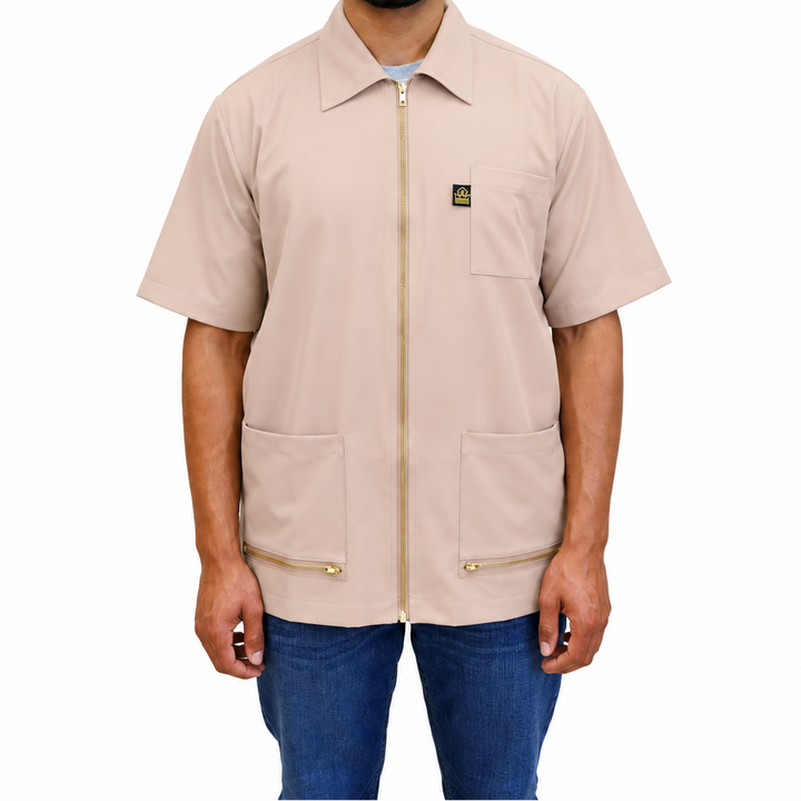 Tan King Midas barber jacket and hair-resistant barber smock. #color_tan