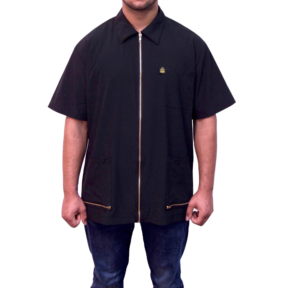 Black hair-resistant barber jacket and professional barber smock by King Midas #color_black