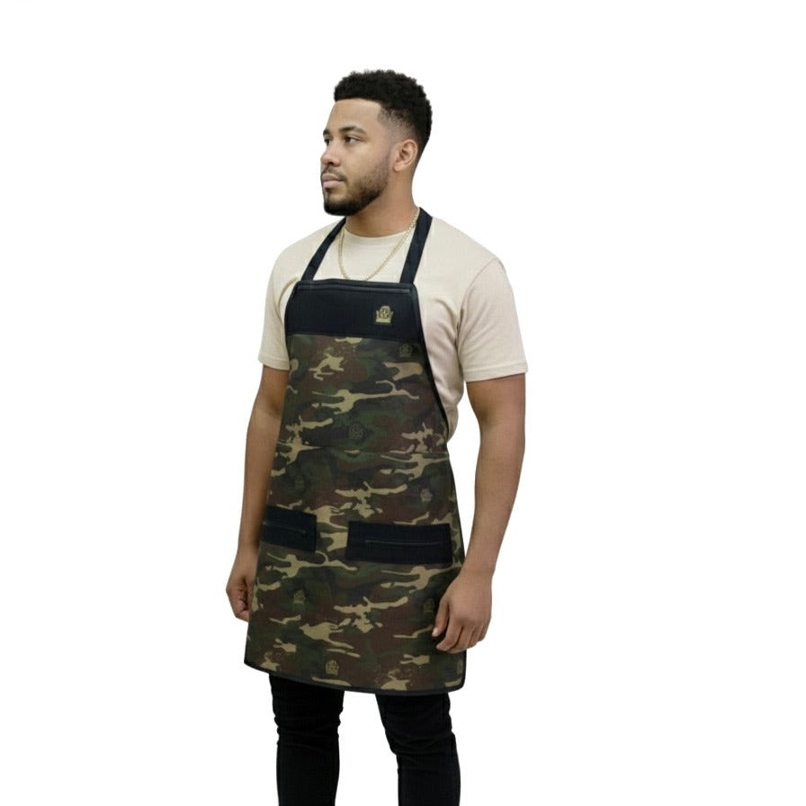 Man wearing a camouflage apron on a white background
