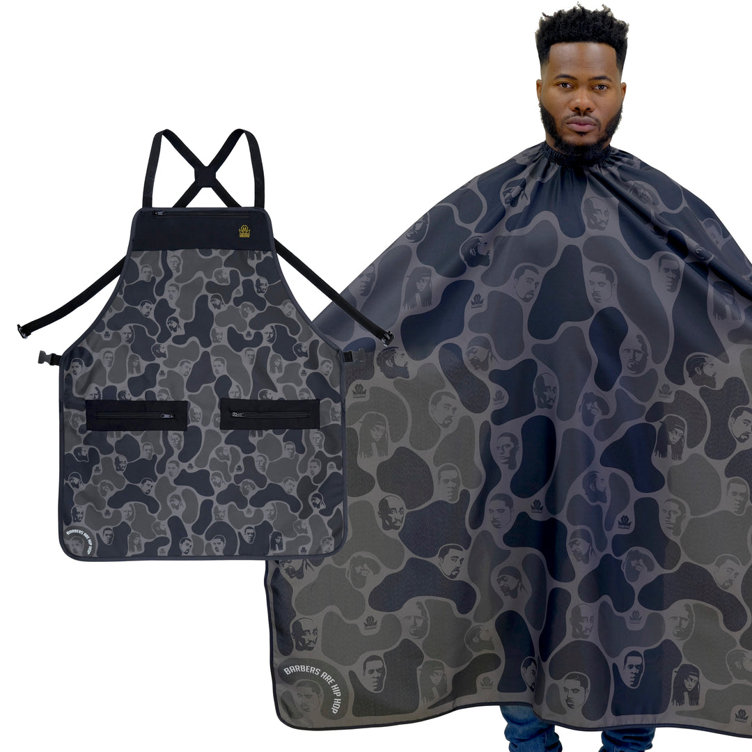 Gray Hip Hop Kings barber cape and matching cross-back apron with portrait camouflage print