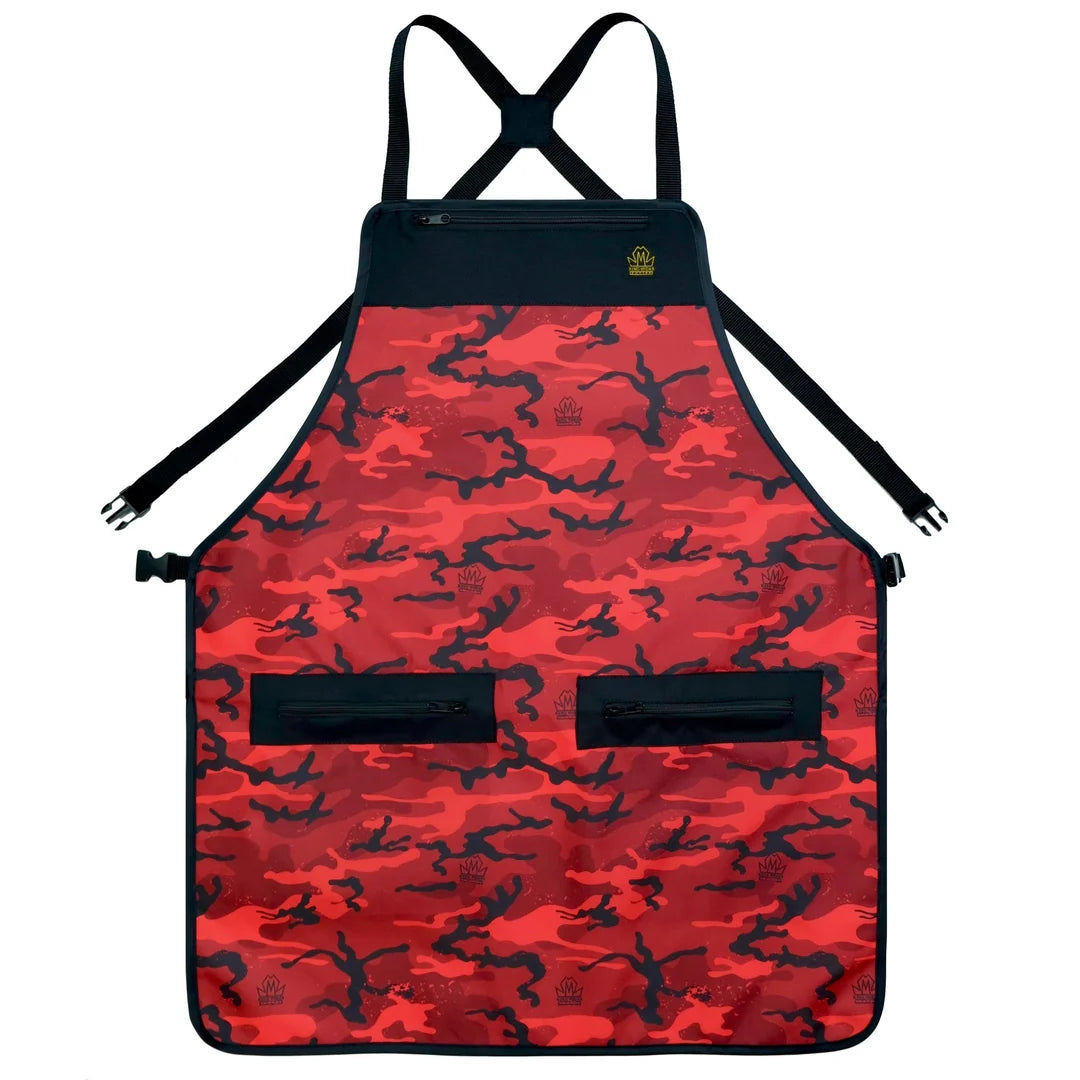 A red and black camouflage apron with black neck strap, waist strap, and two front pockets, shown flat against a white background.