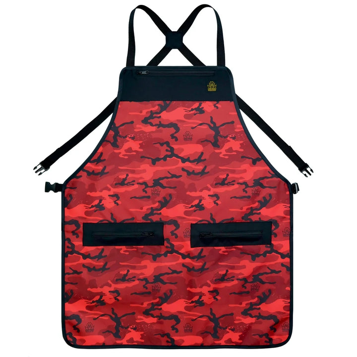 A red and black camouflage apron with black neck strap, waist strap, and two front pockets, shown flat against a white background.
