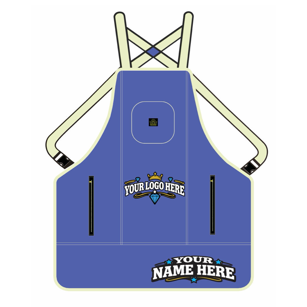 Blue denim barber apron with customizable text and logo areas on a white background
