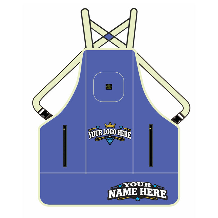 Blue denim barber apron with customizable text and logo areas on a white background