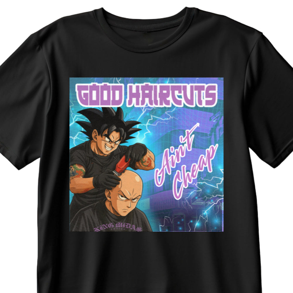 Anime barber t-shirt with graphic design featuring two characters and text on a white background. Goku barber t shirt- barber t shirt