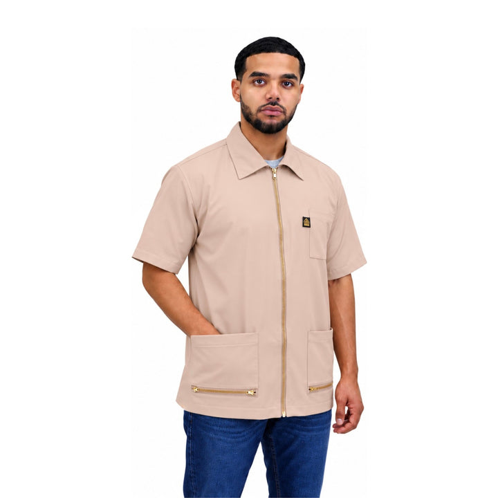Tan King Midas barber jacket and hair-resistant barber smock. #color_tan