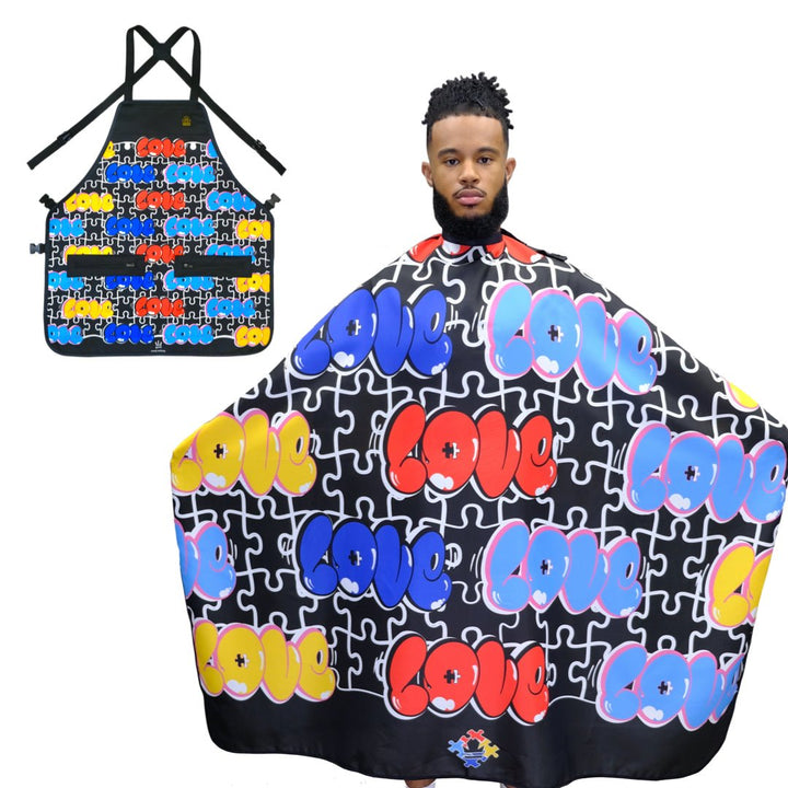 Colorful 'LOVE' patterned barber cape with matching apron on a white background