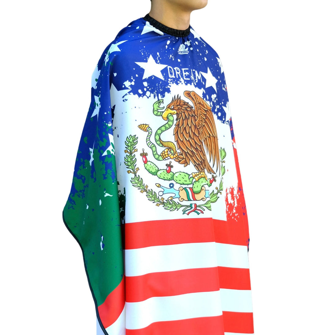Person wearing a mexico flag barber cape with a mexico flag cape design on a white background