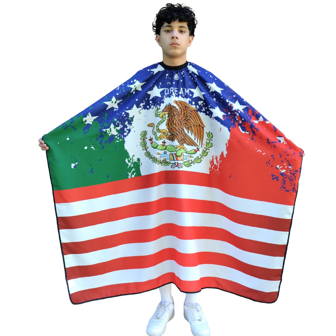 Person wearing a barber cape with American and Mexican flag design. 
mexico barber cape- mexico flag barber cape- aztec barber cape- 