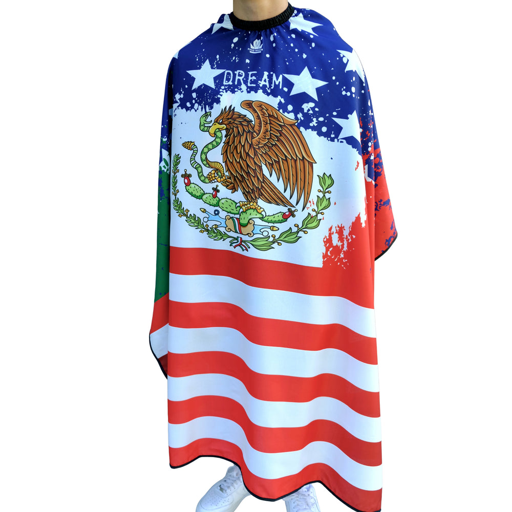 Person wearing a barber cape with American and Mexican flag design. 
mexico barber cape- mexico flag barber cape- mexican flag cape-aztec barber cape- 