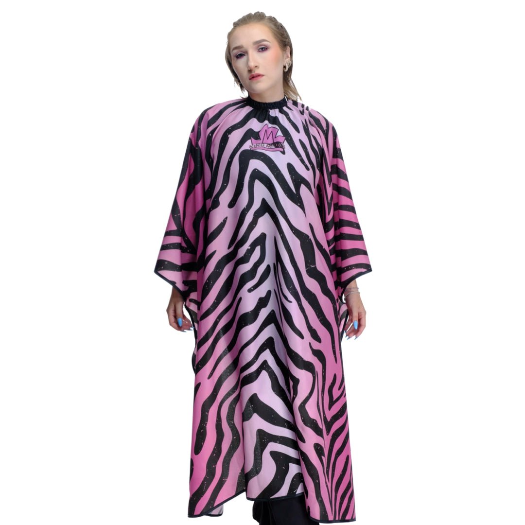 Person wearing a pink and black zebra hair stylist cape.
Hair styling cape- styling cape
Salon cape - hair stylist cape - zebra print hair stylist cape- pink hair stylist cape