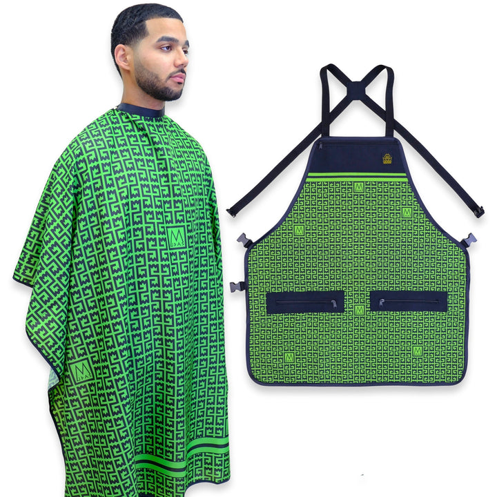  barber apron and cape set- barber cape and apron combo- barber cape-- barber apron for men- barber apron designer- black barber apron-barber apron for sale - mens barber apron-apron for barbers -barber aprons -hair stylist aprons- best barber apron- hair cutting apron - the barber apron- king midas barber apron