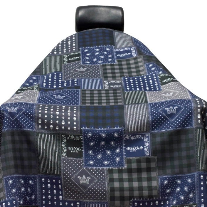 barber chair seat cover with bandana barber cape pattern on a white background
