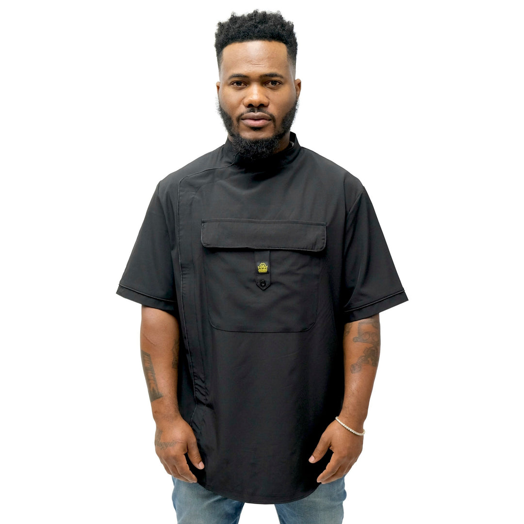 Black Old New York barber smock with short sleeves and zip front