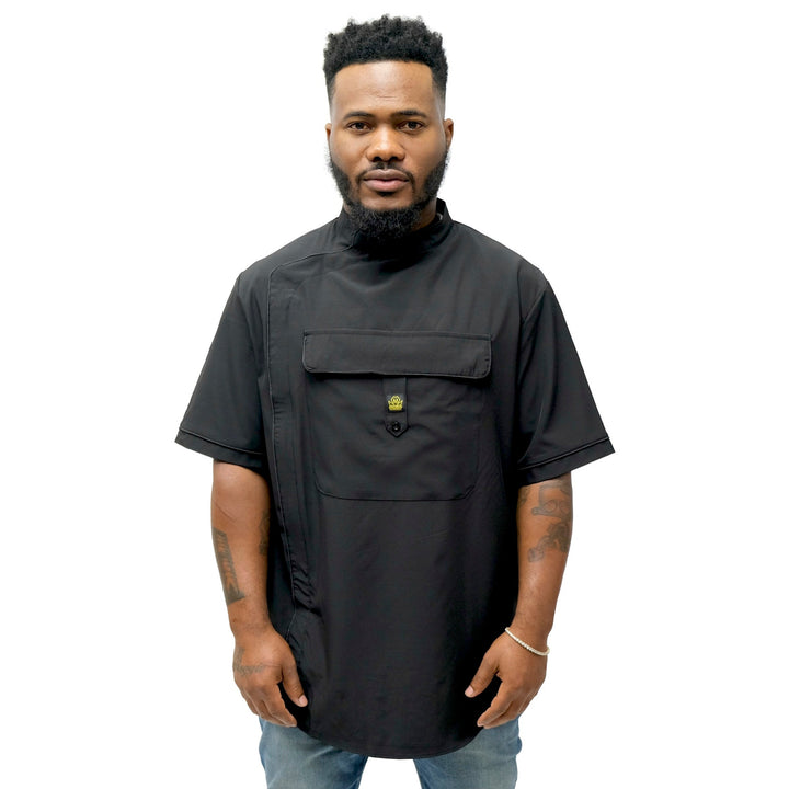 Black Old New York barber smock with short sleeves and zip front