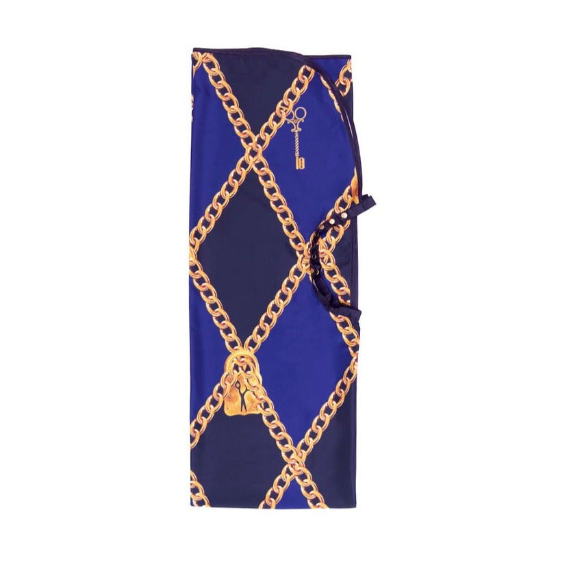 Navy blue cape with gold chain and lock pattern on a white background