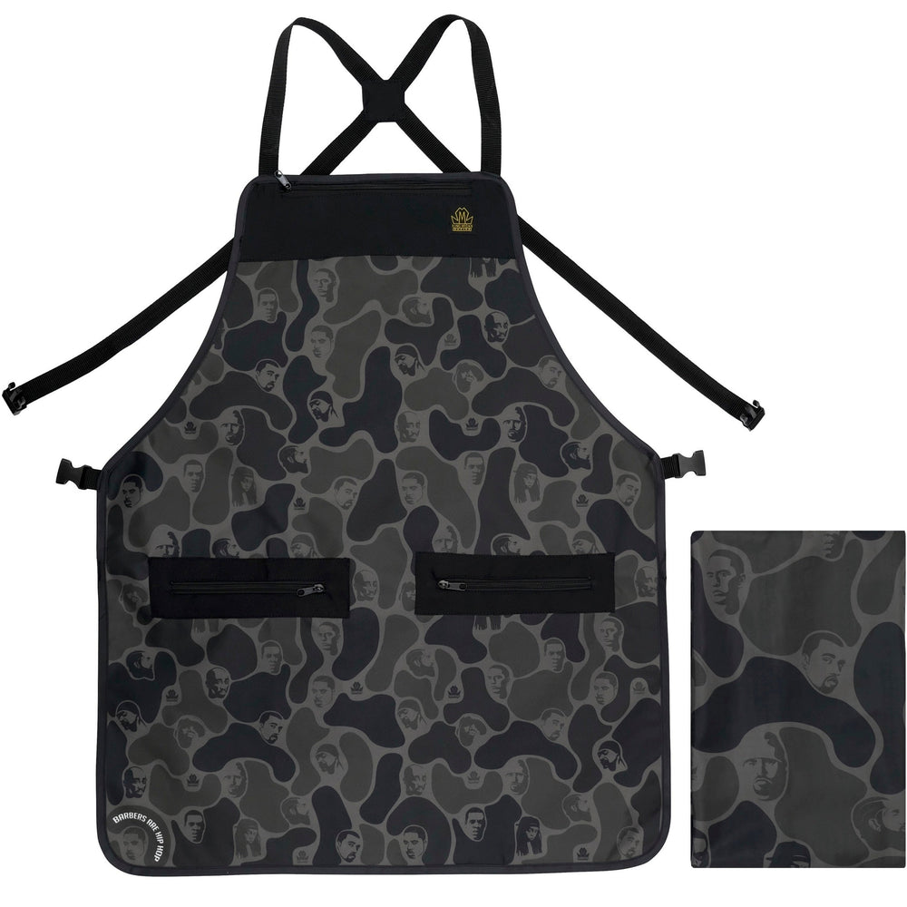 Gray Hip Hop barber cape and matching barber apron with portrait camouflage print