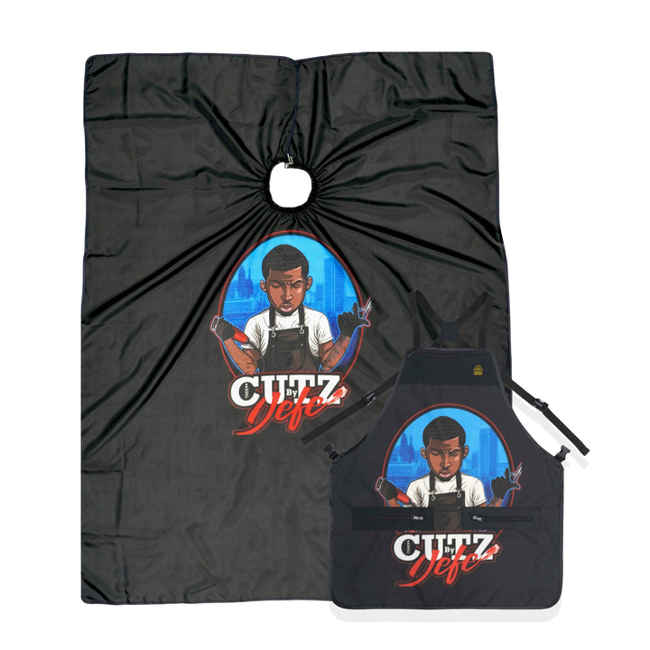 A matching set of barber cape and apron with barbershop logo.