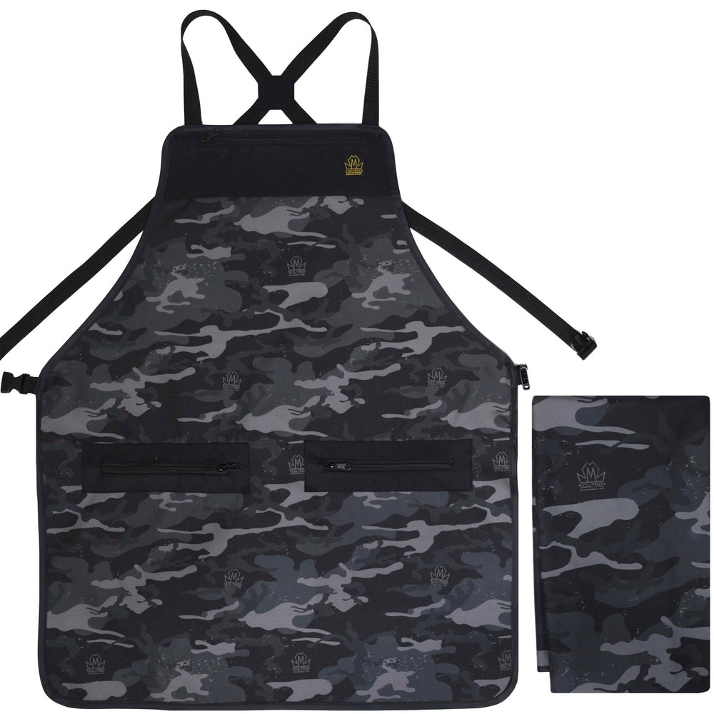  barber apron and cape set- barber cape and apron combo- barber cape-- barber apron for men- barber apron designer- black barber apron-barber apron for sale - mens barber apron-apron for barbers -barber aprons -hair stylist aprons- best barber apron- hair cutting apron - the barber apron- king midas barber apronKing Midas Camo Black Apron