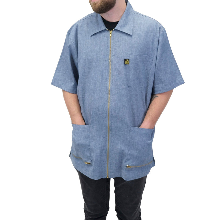 Blue denim Boroughs barber jacket with short sleeves and zip front
