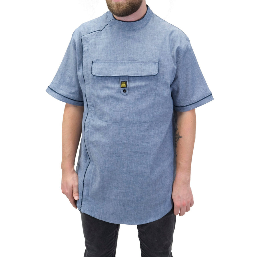 Denim Old New York barber smock with short sleeves and zip front