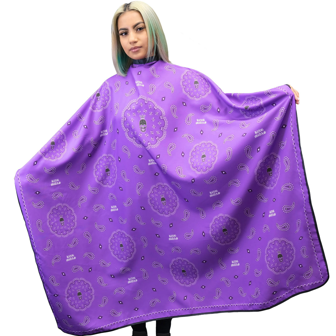 hair stylist capes -hair styling cape - salon capes -barber capes -hair cutting cape- hair cutting capes for men- barber cape for men - King Midas cape- purple barber cape - hair styling cape -Styling cape-