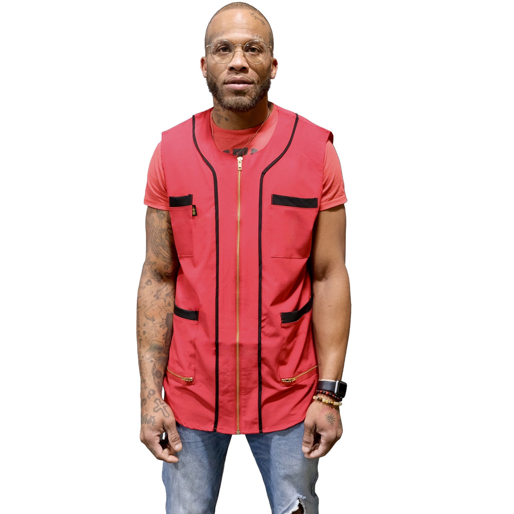 Red sleeveless barber jacket full front view. #color_red