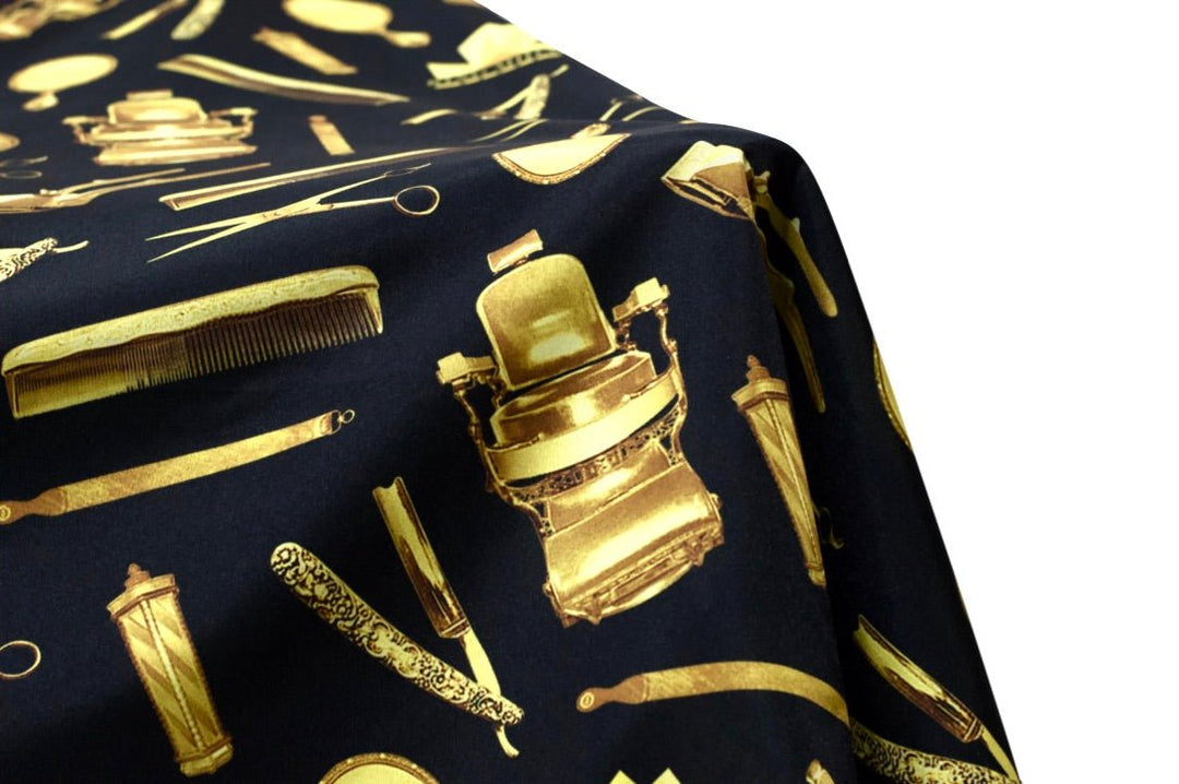 black and gold barber cape-  black barber cape with gold tools
