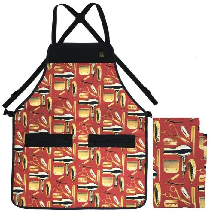 barber Apron and matching barber cape with hair salon-themed design on a white background