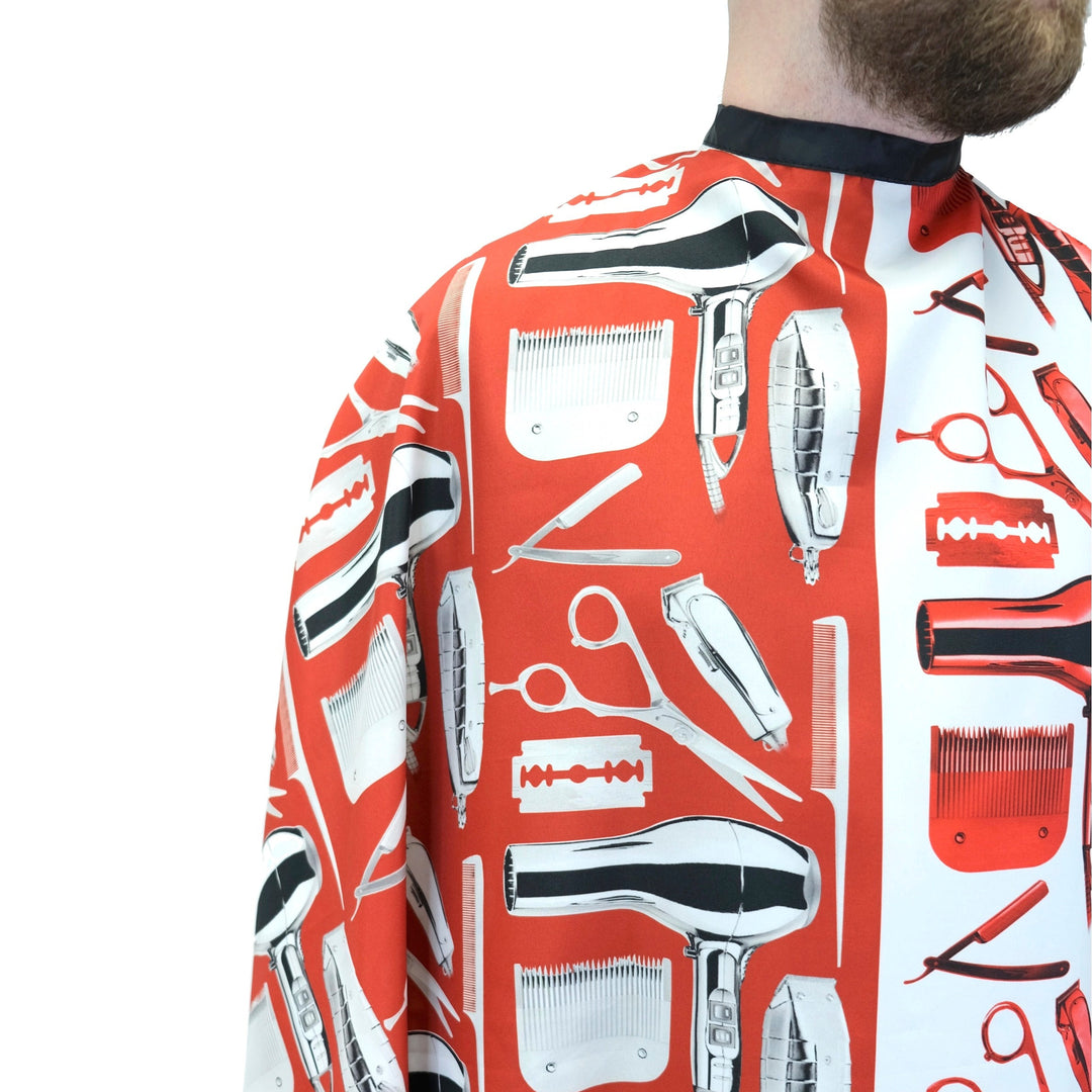 Red and white Moses professional barber cape by King Midas