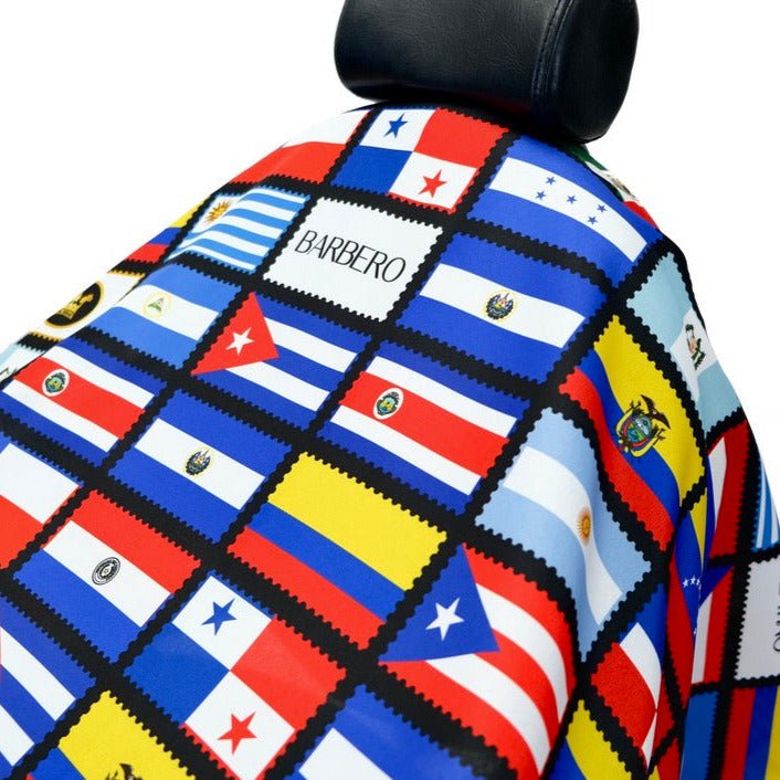 Close up view of  Latin country flags barber cape.