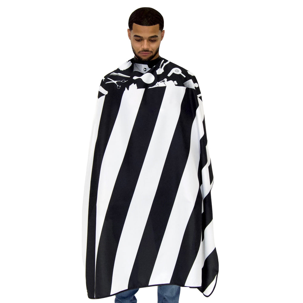 White and black striped barber cape with sna butoons