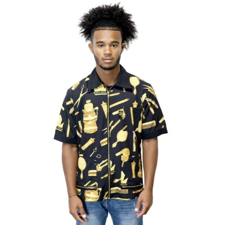 Black and gold vintage barber jacket with short sleeves and zippered pockets